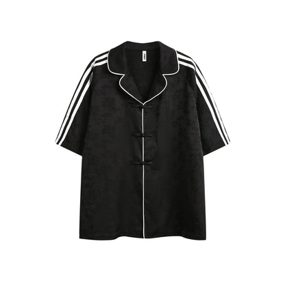 Striped Black Short Sleeve Turn-down Collar Shirt