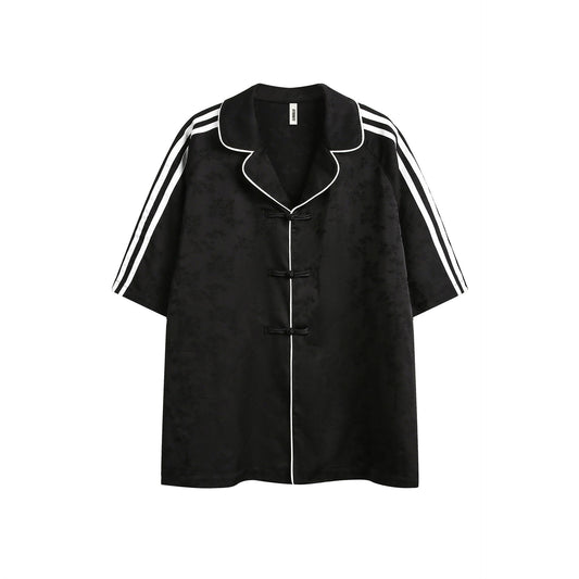 Striped Black Short Sleeve Turn-down Collar Shirt