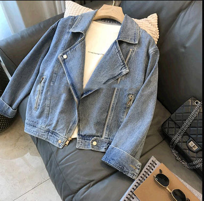 Fashion Motorcycle Lapel Long-sleeve Zipper Denim Jacket
