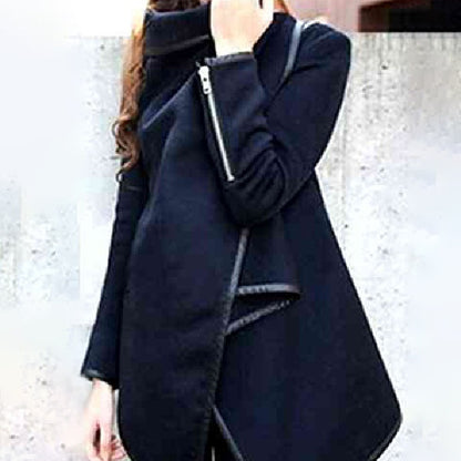 Lapel Woven Asymmetric Split Turtleneck Wool Overcoat