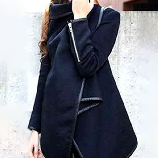 Lapel Woven Asymmetric Split Turtleneck Wool Overcoat