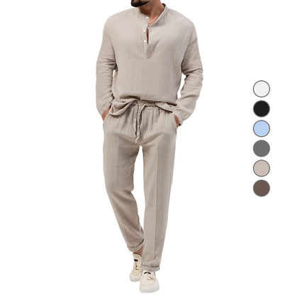 Solid Color Casual T-shirt Long Sleeve Shirt Trousers Set