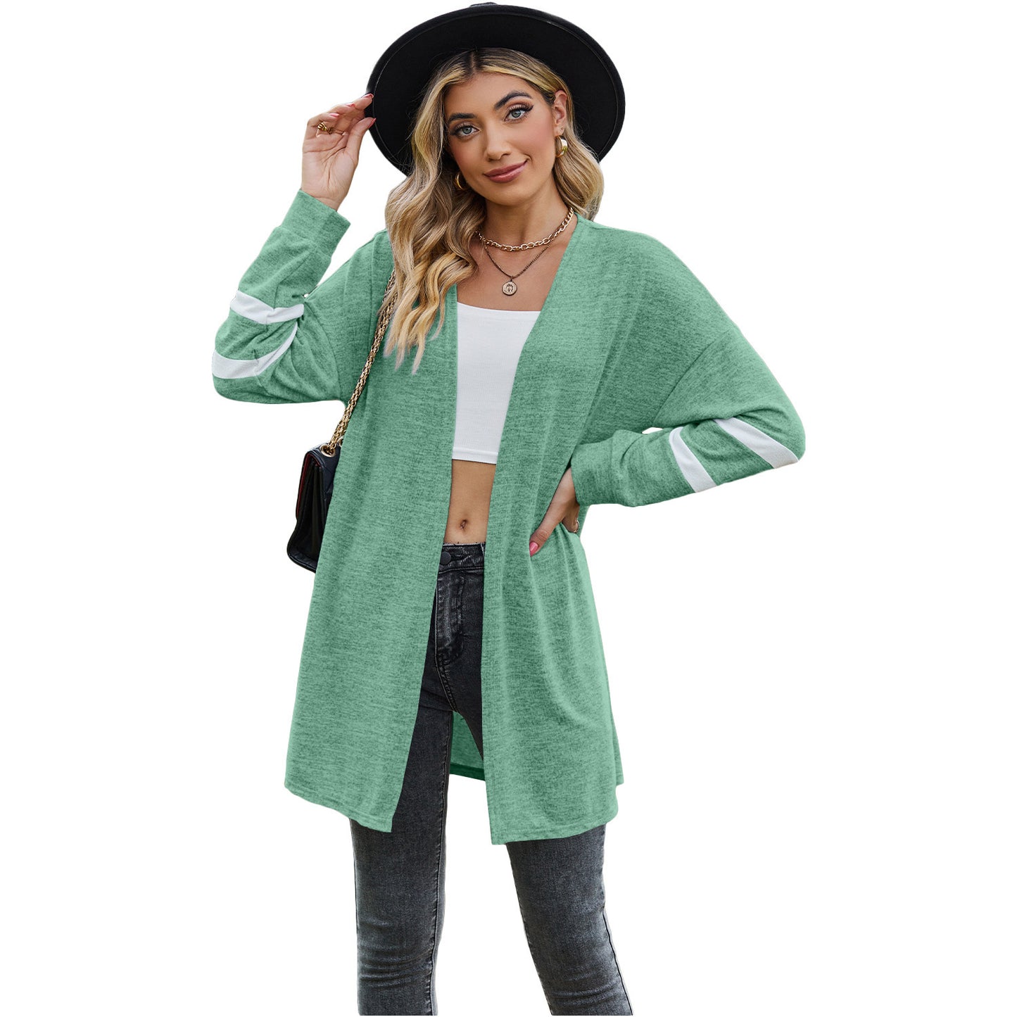 Women's Long-sleeved Stitching Contrast Color Knitted Cardigan