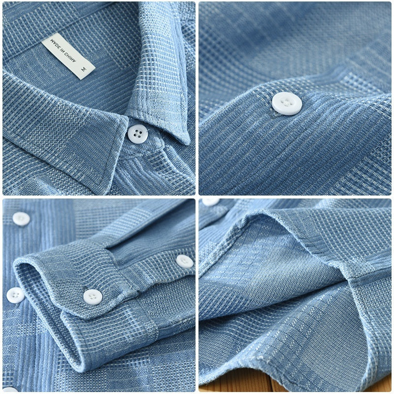 Jacquard Color Block Denim Long Sleeve Shirt