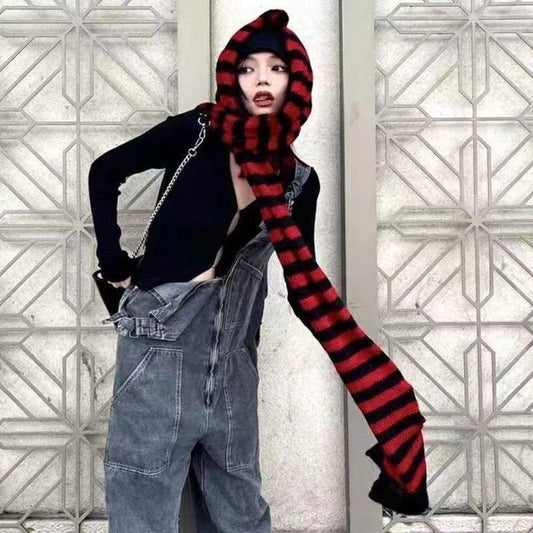 Yabi Style Punk Y2G Black Red Striped Extra Long Wool Scarf