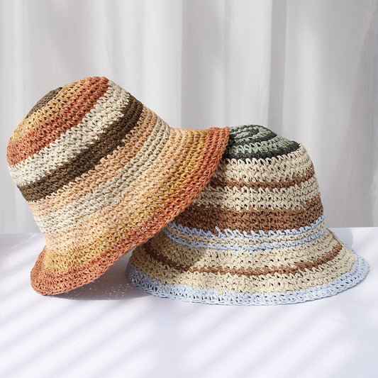 Striped Handmade Crocheted Rainbow Straw Hat For Women Foldable Sun-proof