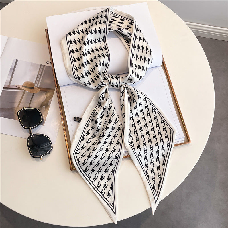 Thin Houndstooth Silk Scarf - Hair Tie