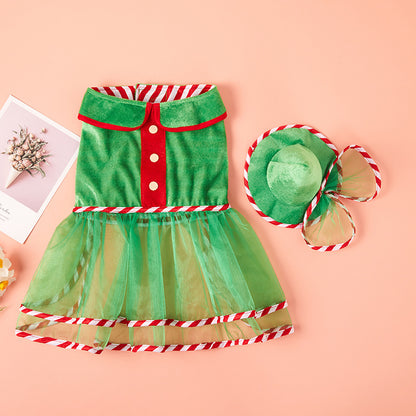 Pet Green Gauze Skirt Hat Suit Cute Dog Holiday Clothing