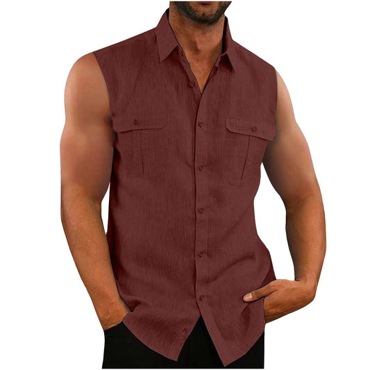 European American Men's Double Pocket Cotton Linen Shirt