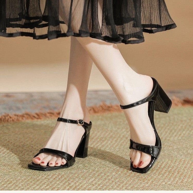 European And American Slippers Thick Heel Solid Color Fish Mouth Slingback Sandals