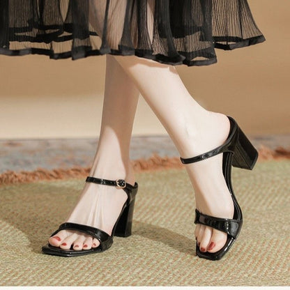 European And American Slippers Thick Heel Solid Color Fish Mouth Slingback Sandals