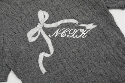 Bow Embroidered Hollow-Out Short Sweater