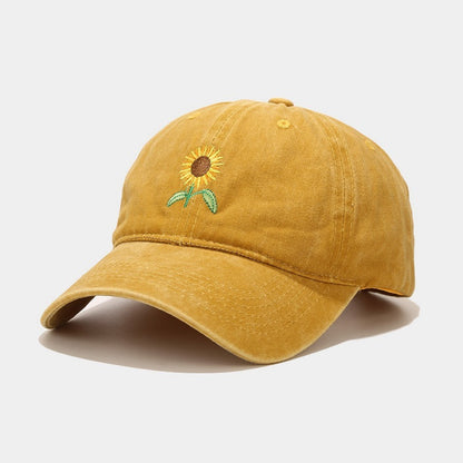Washed-out Vintage SUNFLOWER Embroidered Peaked Cap Outdoor Travel