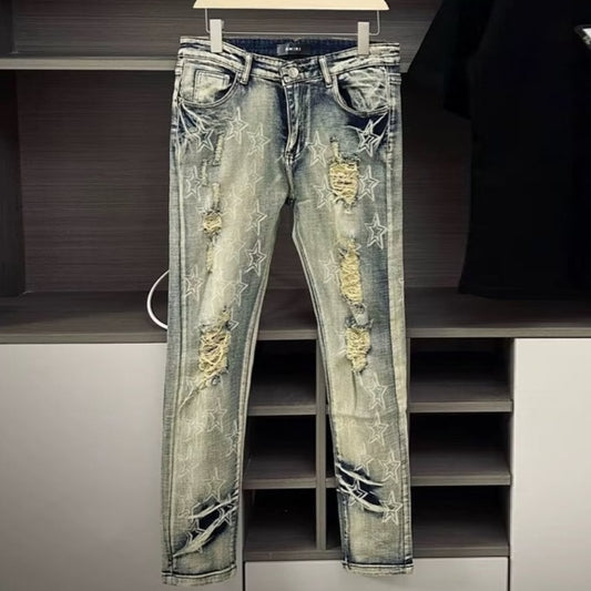 Punk Retro Blue Ripped Slim Fit Men's Jeans
