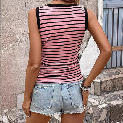 Women's Casual Contrast Color Round Neck Vest