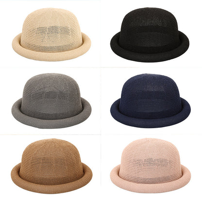 Women's Straw Yarn Curled Brim Round Crown Top Hat Leisure Basin Hat