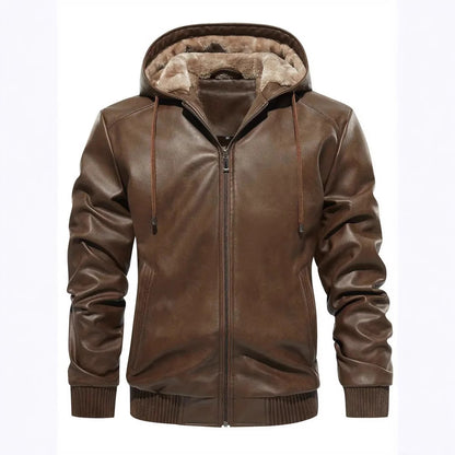 Winter Fleece-lined Men's Casual All-matching Hooded Leather Coat Coat