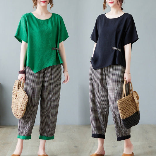 New Chinese Style Buckle Irregular Top Two-piece Set For Women