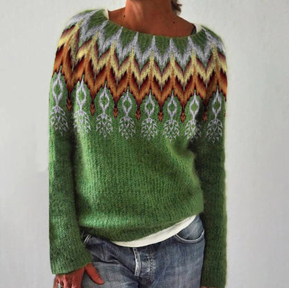Women's Round Neck Loose Multicolor Pullover Sweater