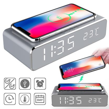 LED Alarm Clock Wireless Charger Thermometer Mirror Clock