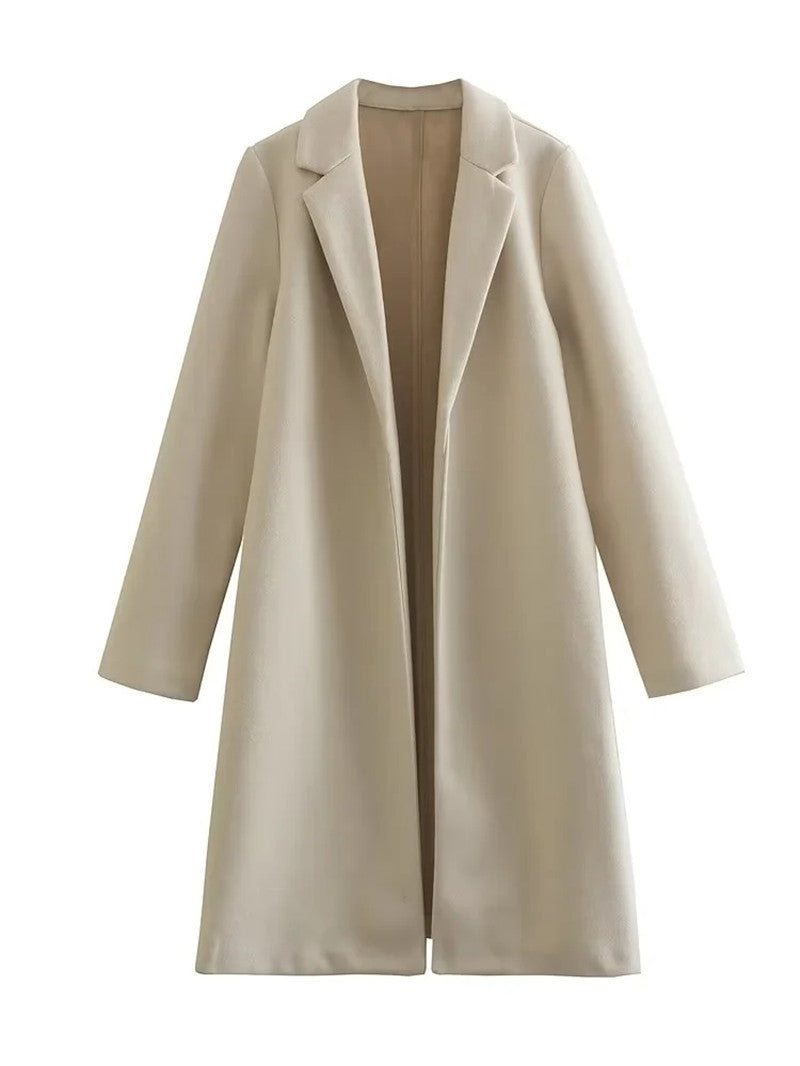 Women's Casual Woolen Lapel Non-buckle Overcoat Coat