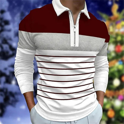 Men's Long Sleeve Color Block Zipper Polo Shirt