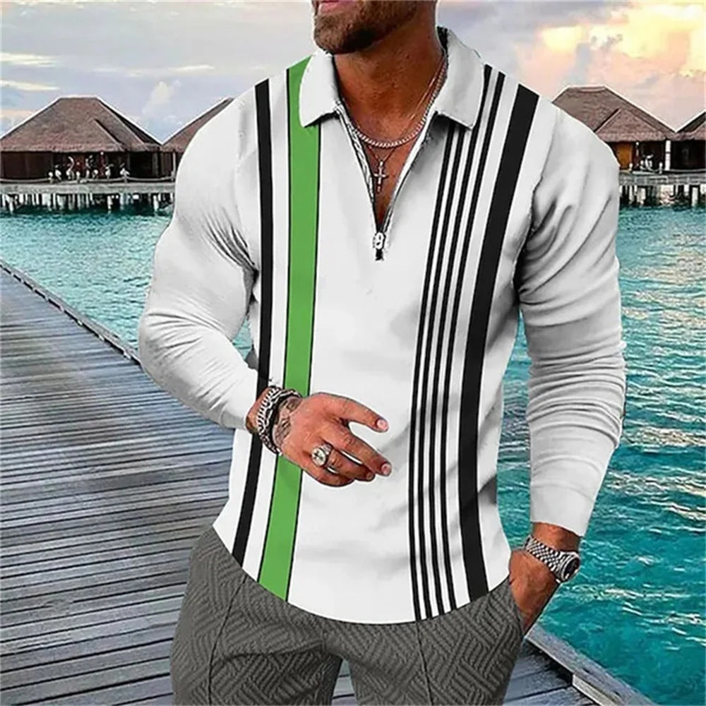 Men's Long Sleeve Color Block Zipper Polo Shirt