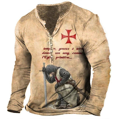 Open Placket Button Digital Print Long Sleeve T-shirt