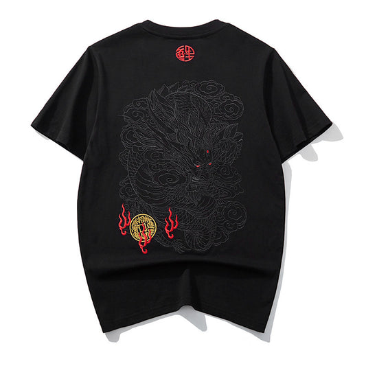 Embroidered Dragon Pattern Round Neck Cotton T-shirt