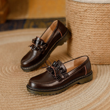 British Style Round Head Chunky Heel Small Leather Shoes For Women