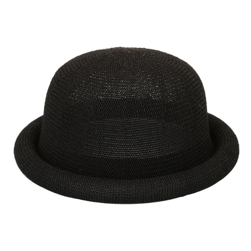 Women's Straw Yarn Curled Brim Round Crown Top Hat Leisure Basin Hat