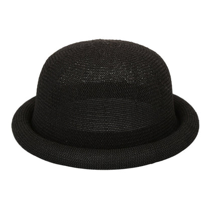 Women's Straw Yarn Curled Brim Round Crown Top Hat Leisure Basin Hat