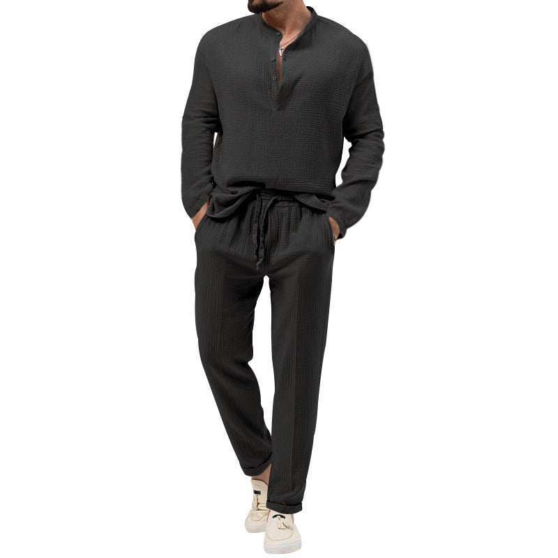 Solid Color Casual T-shirt Long Sleeve Shirt Trousers Set
