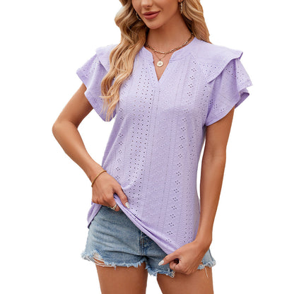 Solid Color Double-layer Sleeve V-neck Loose Short Sleeve T-shirt Top