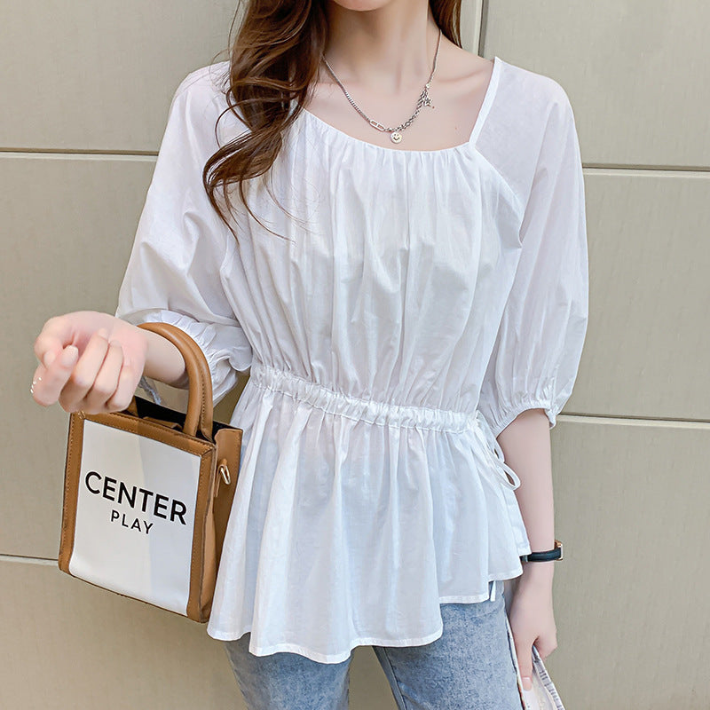 Irregular Ruffled Edge Thin Cotton Square Collar Shirt