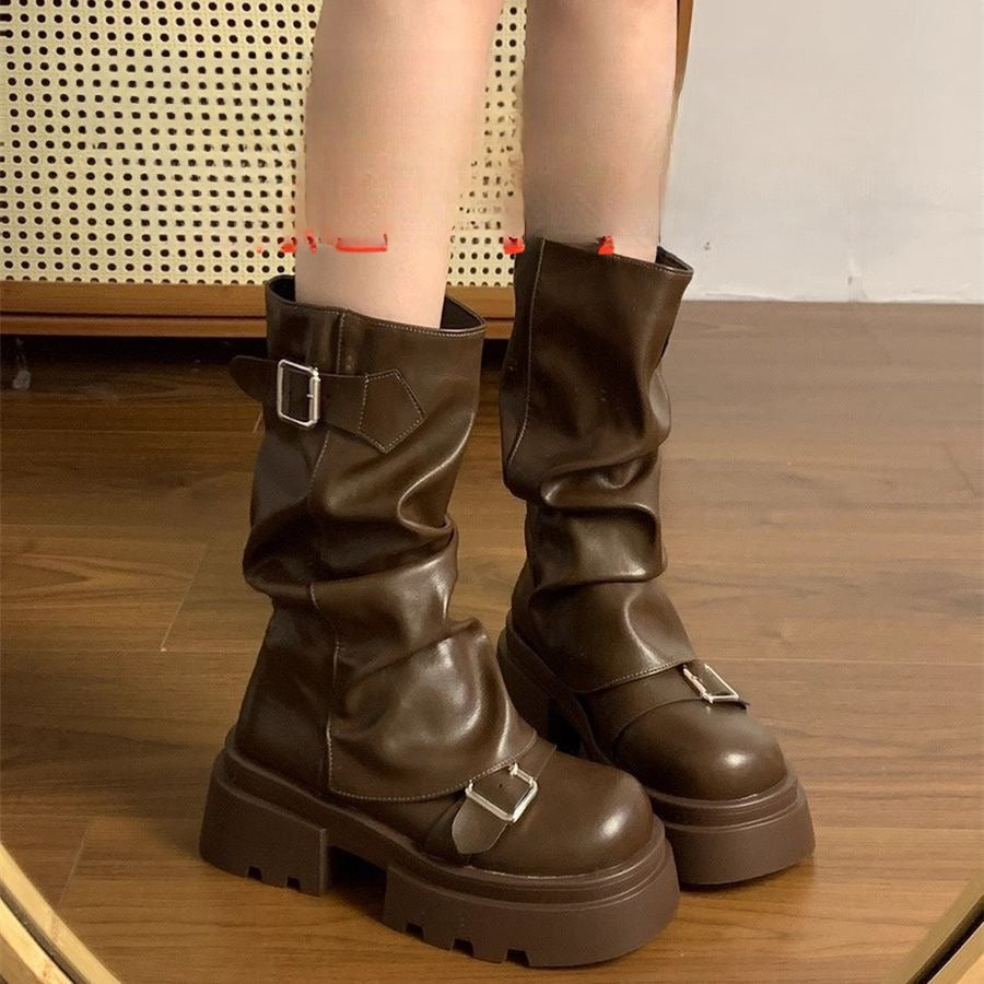Retro Platform New Spring And Autumn Height Increasing, Brown Boots