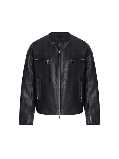 Niche V-neck Zipper Design Leather Coat For Men