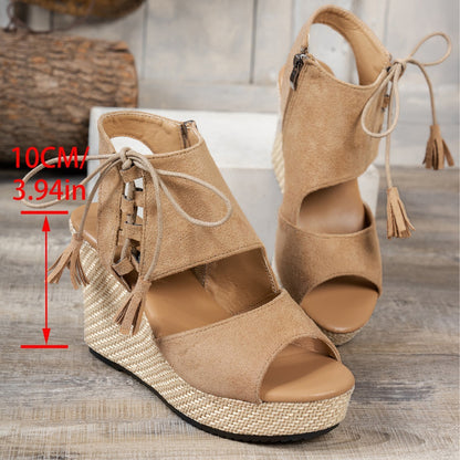 Women's Tassel High Heel Peep Toe Platform Muffin Wedge Sandals
