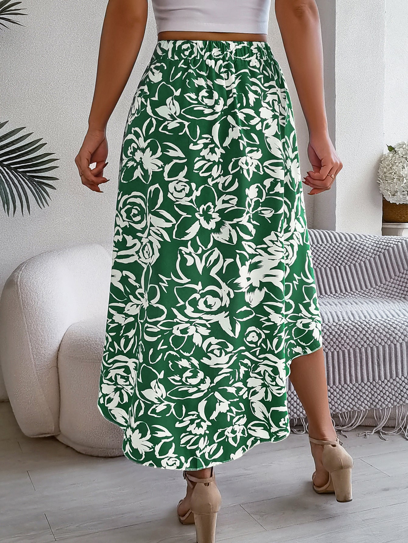 Summer Flower Ruffled Mid-length Irregular Skirt