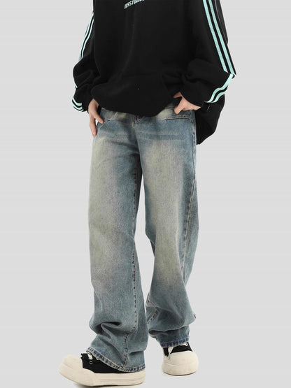 Worn Washed-out Blue Loose Straight Jeans