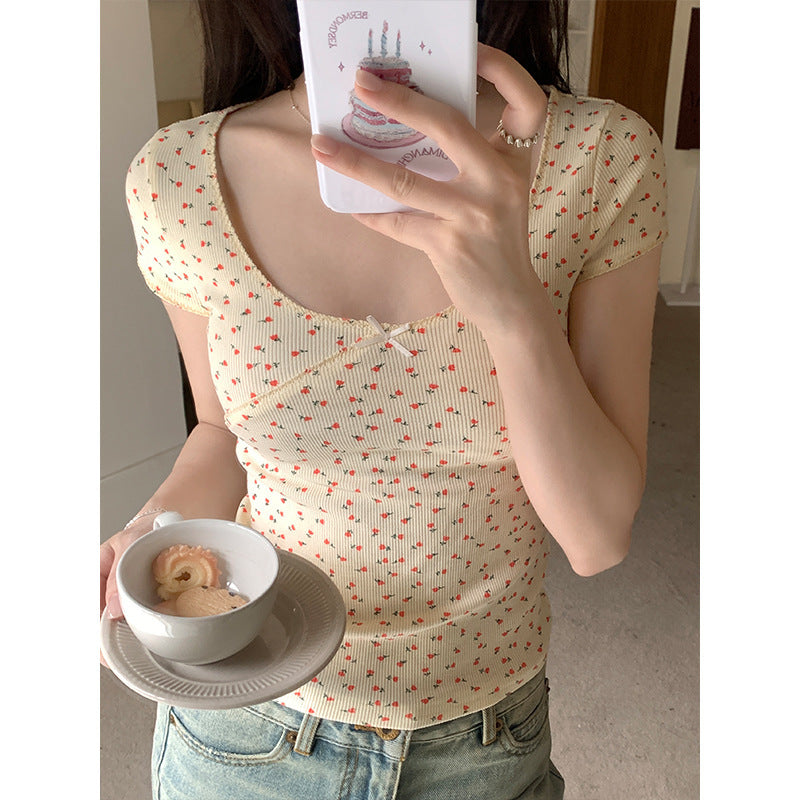Bow Short-sleeved T-shirt Scoop Short Desire Style T-shirt