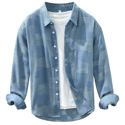 Jacquard Color Block Denim Long Sleeve Shirt