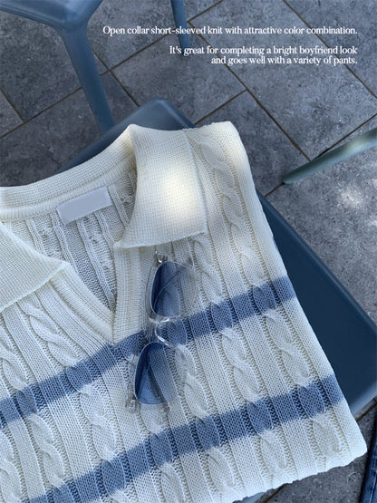 Lightweight Y-shaped Lapel Vertical Striped Sweater