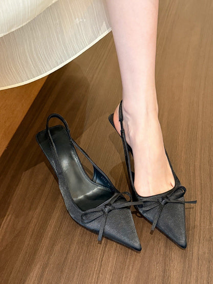 Satin Pointed-toe Bowknot High Heels Women's Spring Shallow Mouth Slingback Sandals