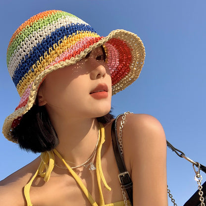 Rainbow Straw Sun-proof Bucket Hat