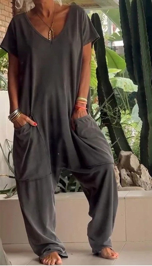 Oversized V-neck Pocket Jumpsuit