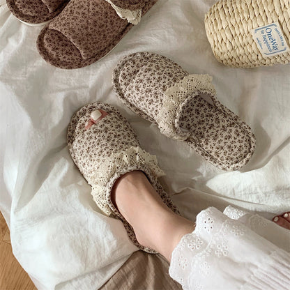 Home Style Vintage Floral One Word Four Seasons Universal Cotton Slippers Female