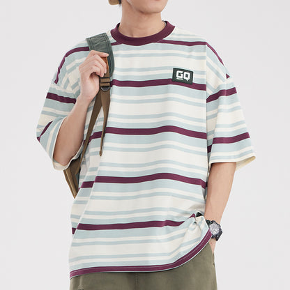 Vintage Stripe Niche Couple Loose Half Sleeve Top