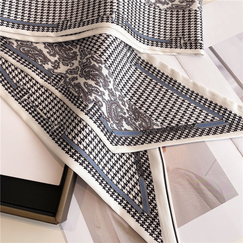 Thin Houndstooth Silk Scarf - Hair Tie