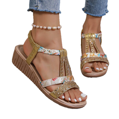 Bohemian Wedge Peep Toe Sandals Women's Fashion Outerwear Elastic Slip-on